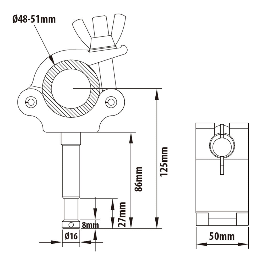 Kupo KCP-836 Baby Ben Stud Coupler – Barrel Clamp with 16mm Baby Stud, 48–51mm Pipe