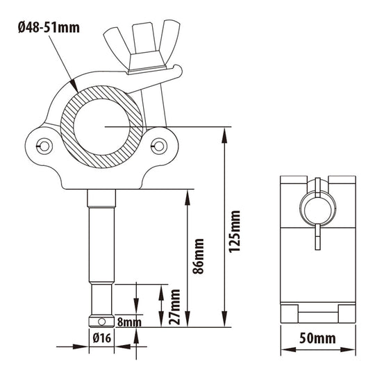 Kupo KCP-836 Baby Ben Stud Coupler – Barrel Clamp with 16mm Baby Stud, 48–51mm Pipe
