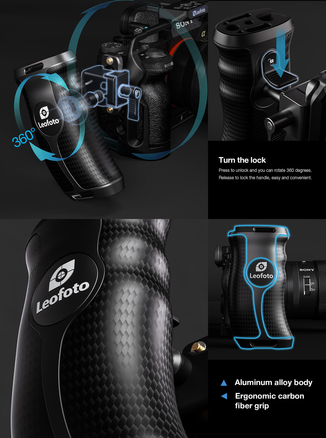Leofoto CH-5L &amp; CH-5R Carbon Fiber side handle with rail