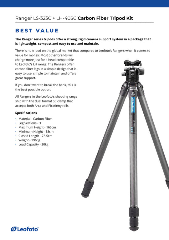 Leofoto Ranger LS-323C + LH-40SC Carbon Fiber Tripod Kit