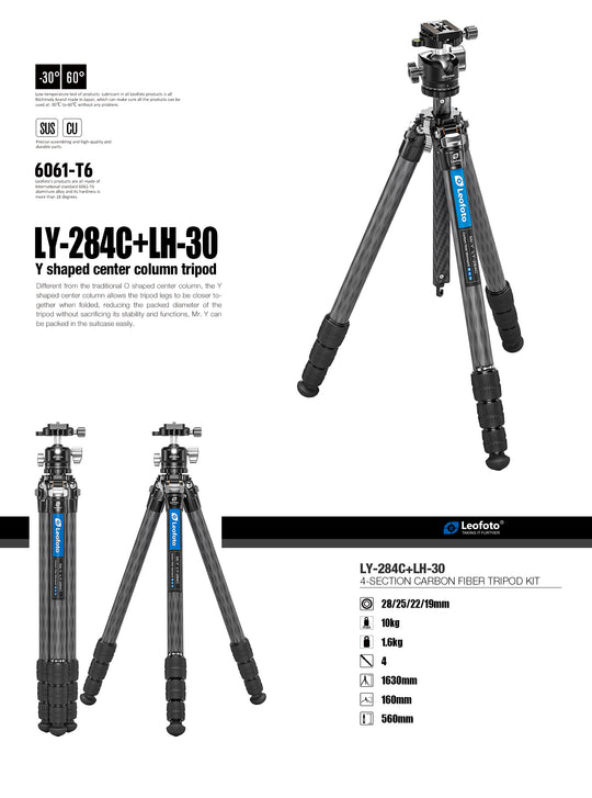 Leofoto LY-284C + LH-30 Carbon Fiber Tripod Kit