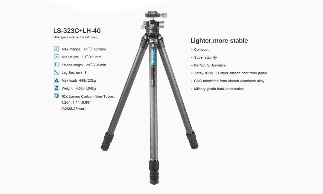 Leofoto Ranger LS-323C + LH-40 Carbon Fiber Tripod Kit