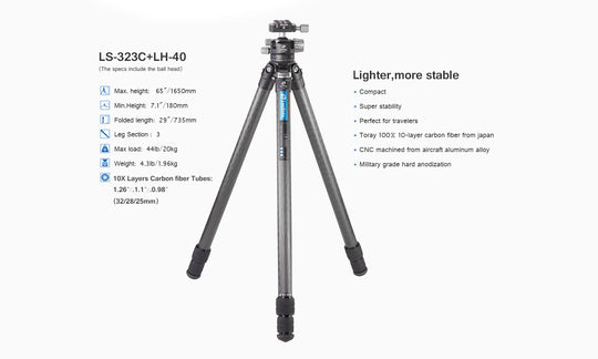 Leofoto Ranger LS-323C + LH-40 Carbon Fiber Tripod Kit