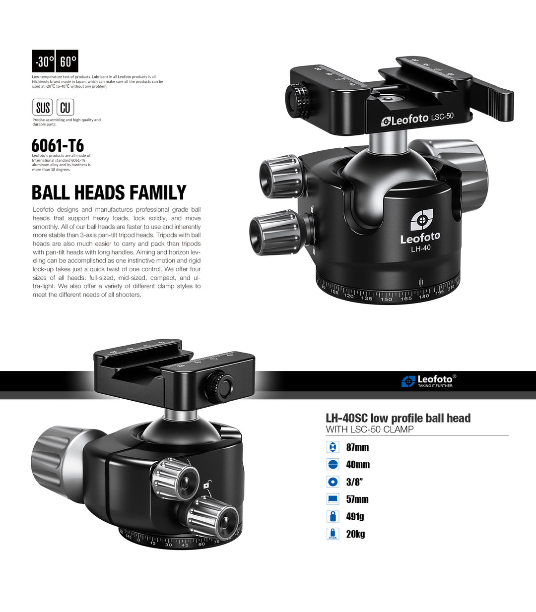 Leofoto LH-40SC Low Profile Ballhead  with Dual Profile Picatinny/Arca Clamp
