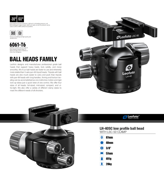 Leofoto LH-40SC Low Profile Ballhead  with Dual Profile Picatinny/Arca Clamp