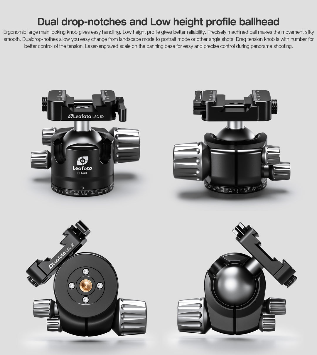 Leofoto LH-40SC Low Profile Ballhead  with Dual Profile Picatinny/Arca Clamp