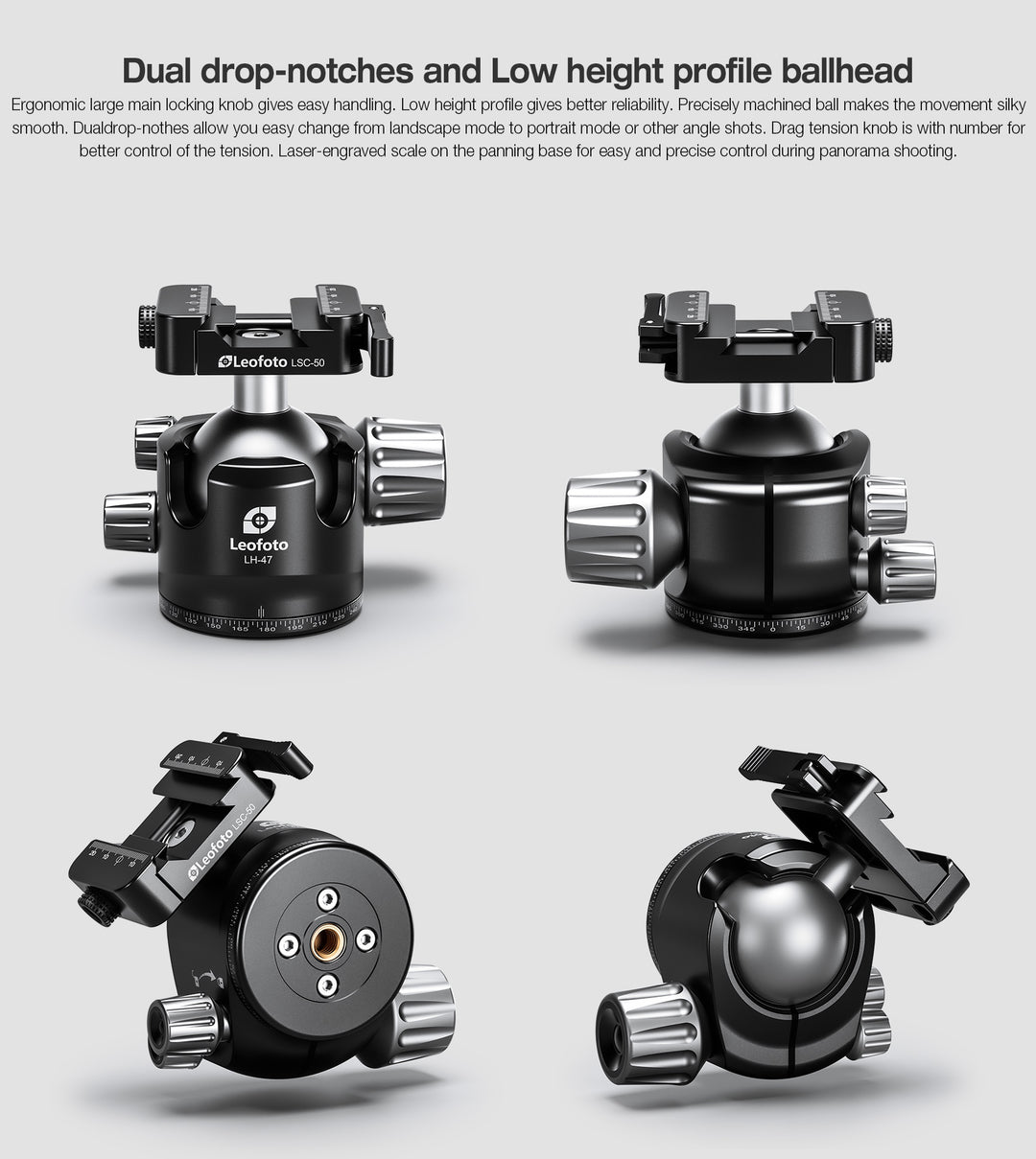 Leofoto LH-47SC Low Profile Ballhead  with Dual Profile Picatinny/Arca Clamp