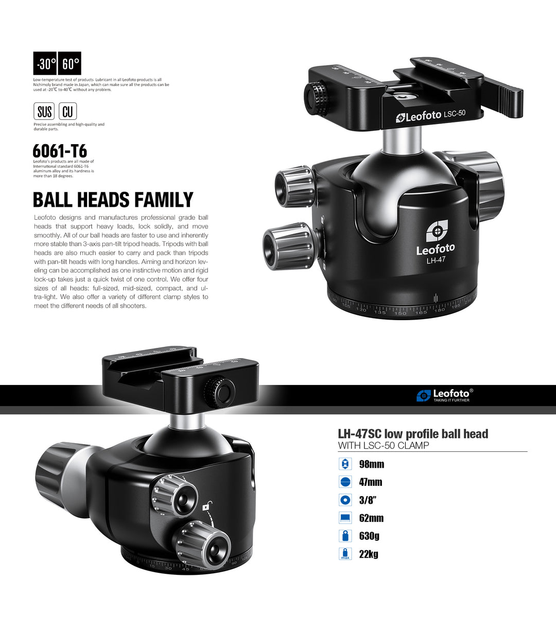 Leofoto LH-47SC Low Profile Ballhead  with Dual Profile Picatinny/Arca Clamp