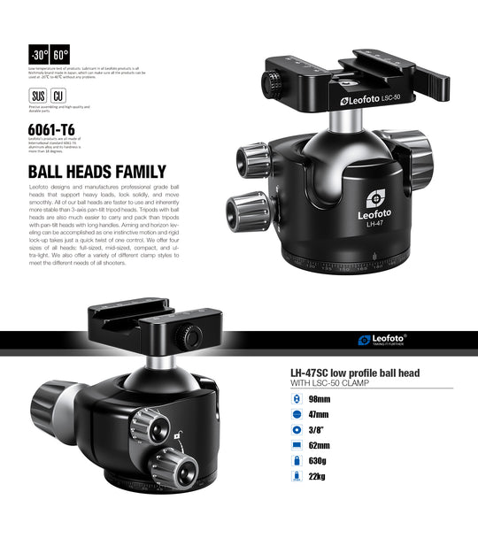 Leofoto LH-47SC Low Profile Ballhead  with Dual Profile Picatinny/Arca Clamp
