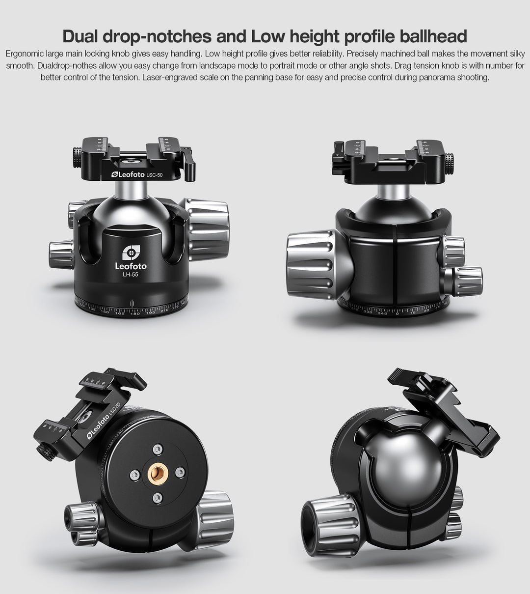Leofoto LH-55SC Low Profile Ballhead  with Dual Profile Picatinny/Arca Clamp