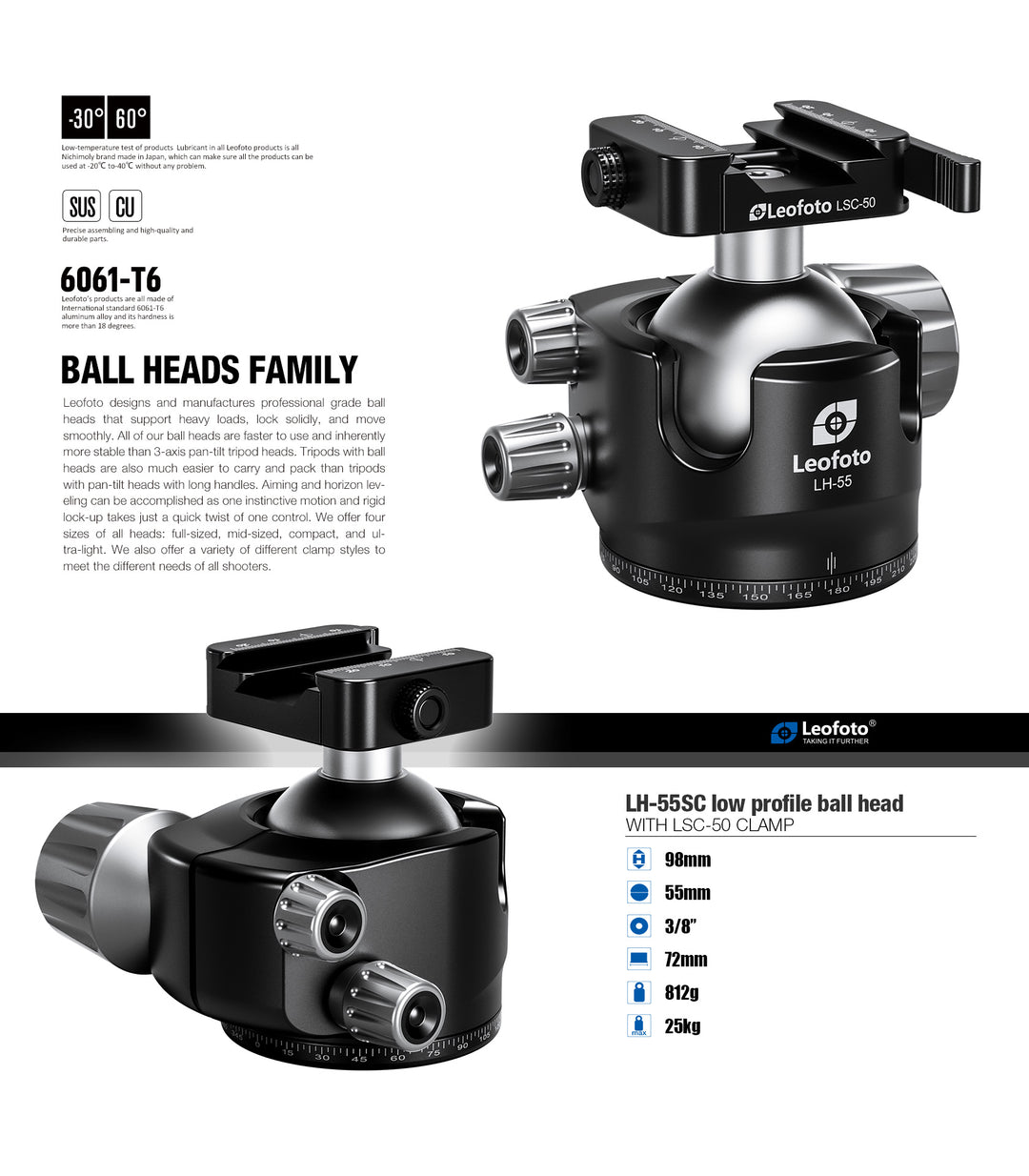 Leofoto LH-55SC Low Profile Ballhead  with Dual Profile Picatinny/Arca Clamp