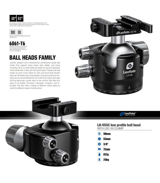 Leofoto LH-55SC Low Profile Ballhead  with Dual Profile Picatinny/Arca Clamp